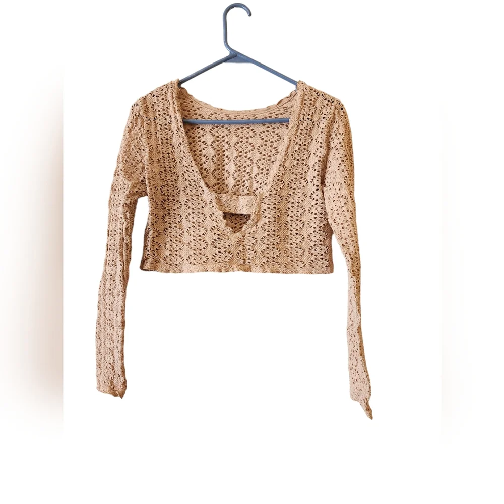 FREE PEOPLE BEACH Cream Lurex Crochet Long Sleeve Boho Top Blouse Sz Small